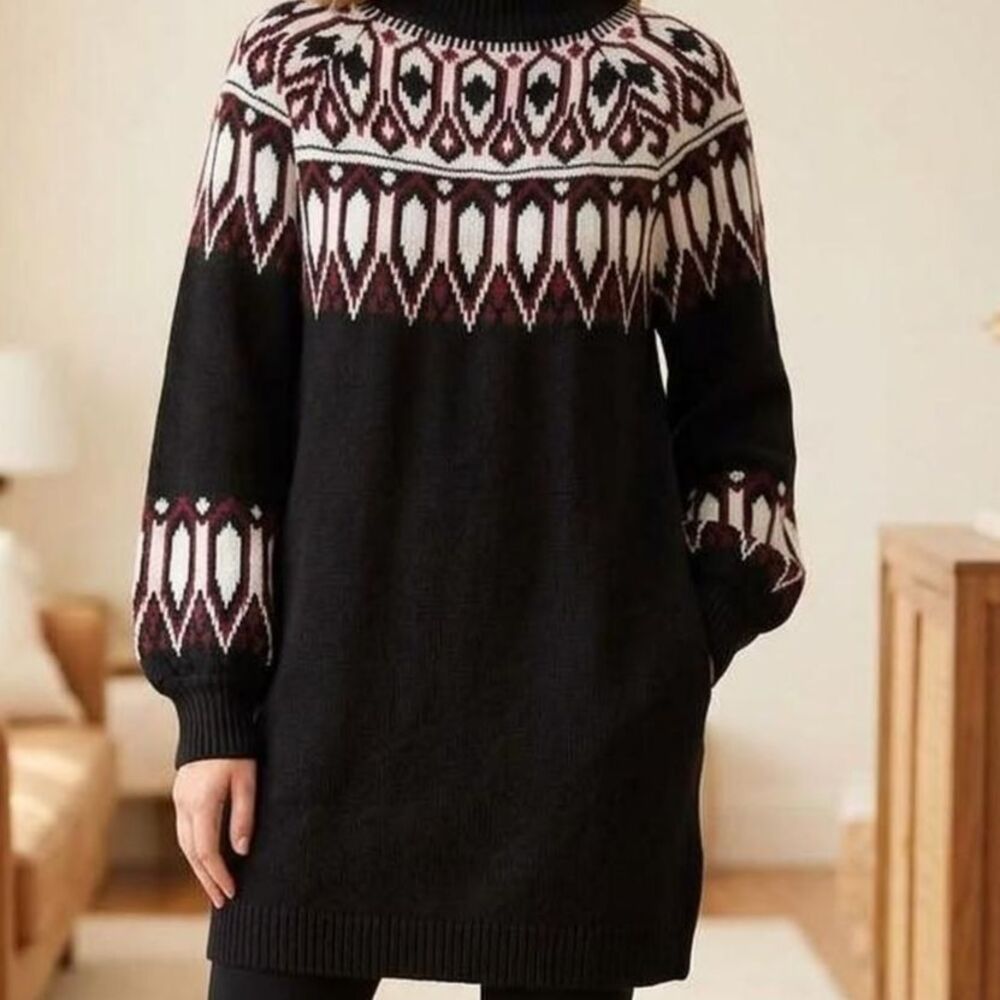 TRUE CRAFT Fair Isle Nordic Tunic Sweater Dress β’ XL oversized cabin coastal